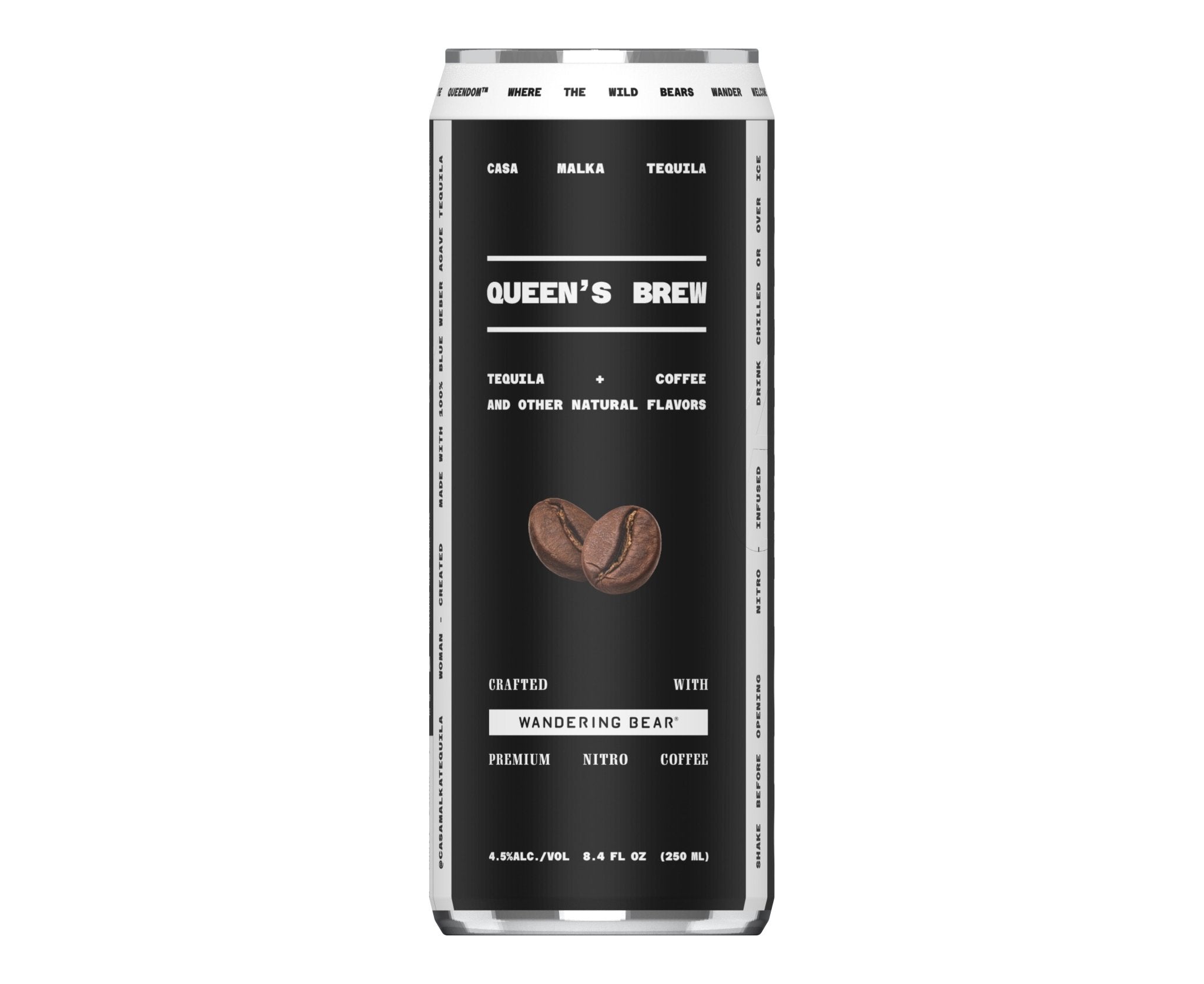 Can of 'Queen's Brew' with coffee bean graphic on a white background